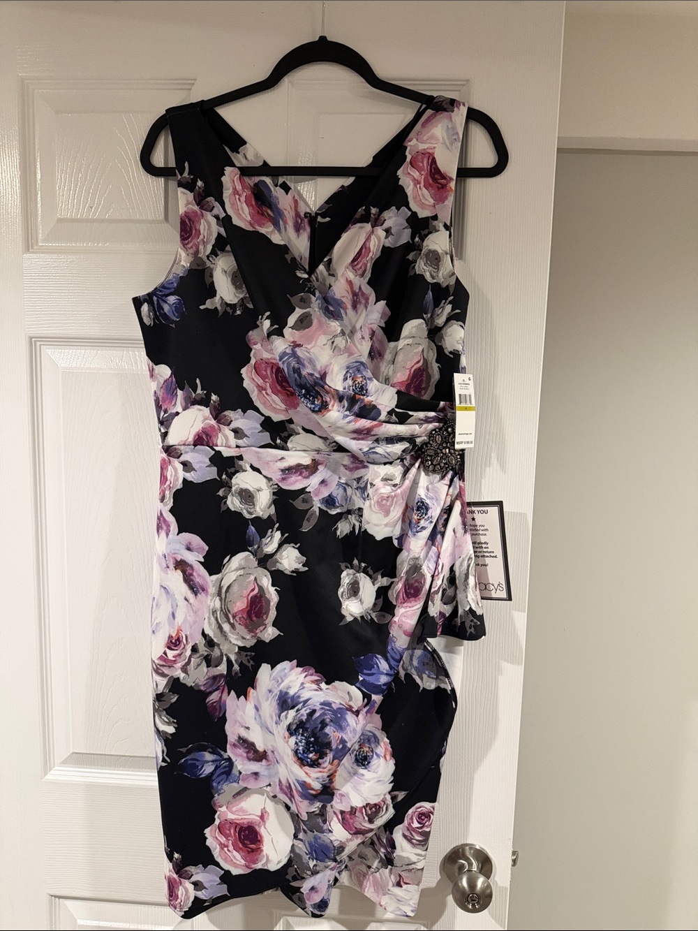 New Alex Evenings Floral Sheath Dress - Black with Pink & Purple Flowers 14